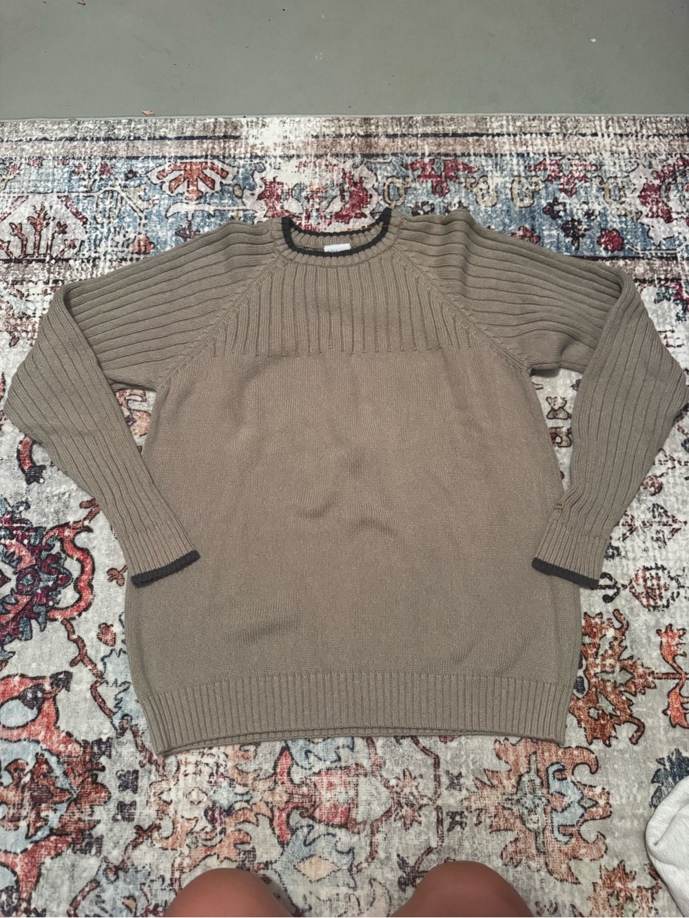 Men's Crewneck Rib-Panel Sweater in Taupe with Contrast Trim